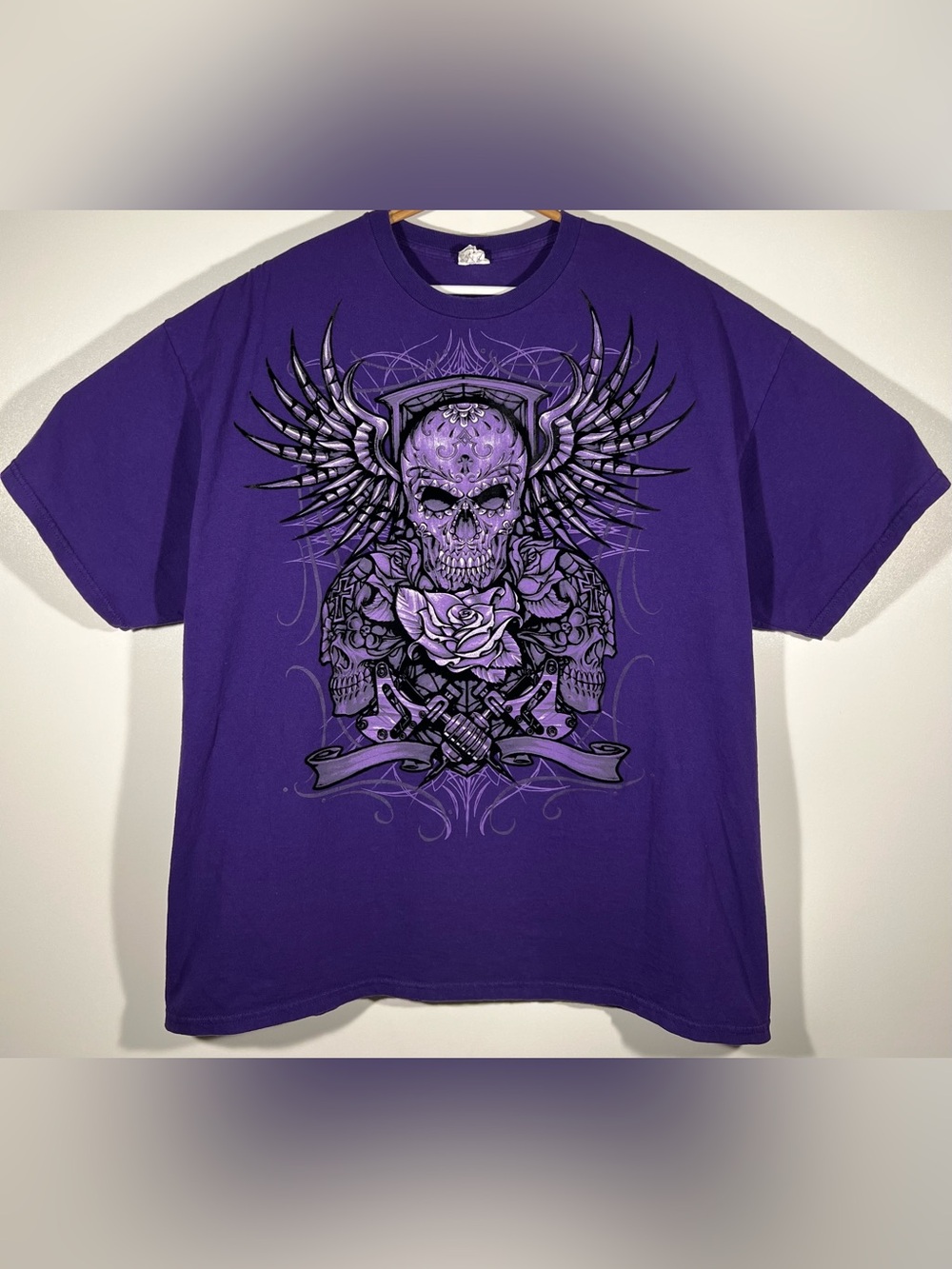 Vintage Y2K Grim Reaper Skulls Wings Skull Rose Crosses Gothic Tattoos Shirt 2XL